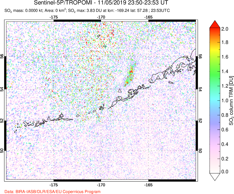 A sulfur dioxide image over Aleutian Islands, Alaska, USA on Nov 05, 2019.
