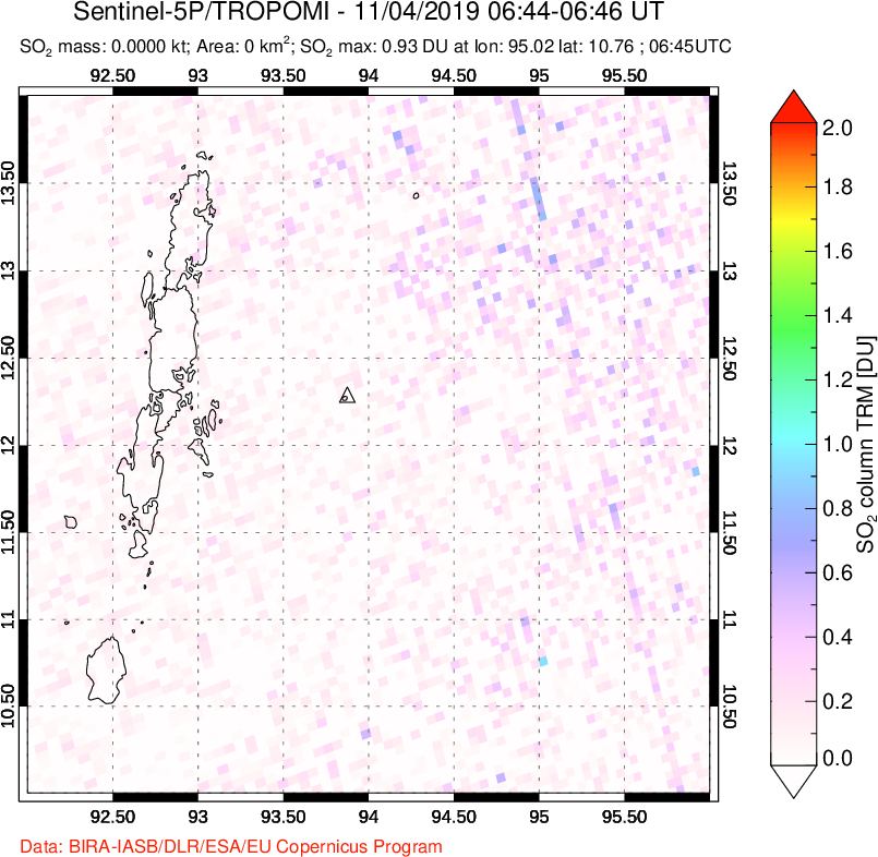 A sulfur dioxide image over Andaman Islands, Indian Ocean on Nov 04, 2019.