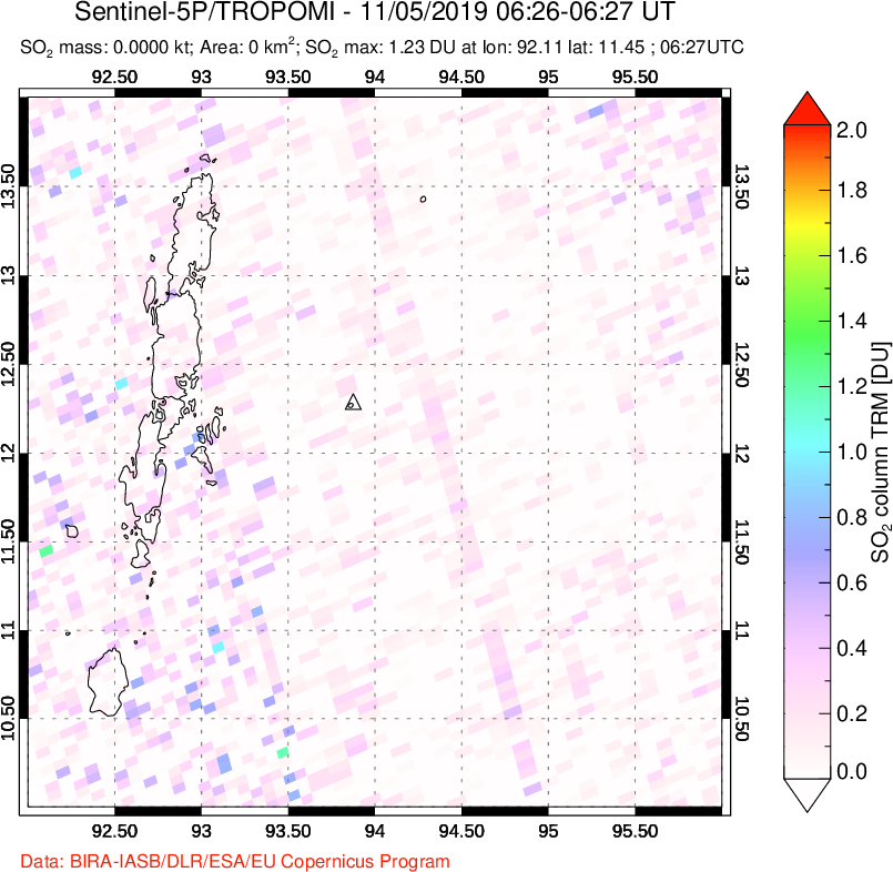 A sulfur dioxide image over Andaman Islands, Indian Ocean on Nov 05, 2019.