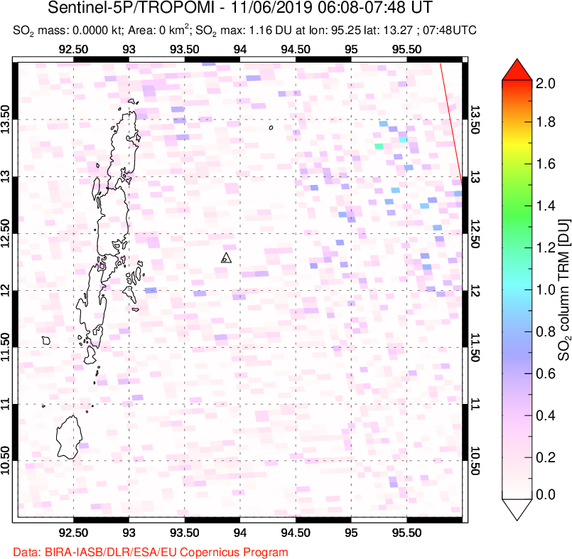 A sulfur dioxide image over Andaman Islands, Indian Ocean on Nov 06, 2019.