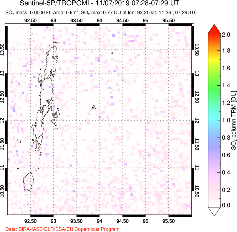 A sulfur dioxide image over Andaman Islands, Indian Ocean on Nov 07, 2019.