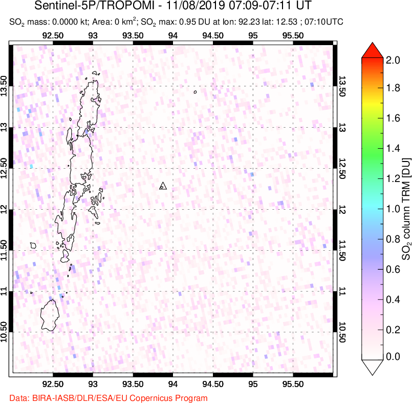 A sulfur dioxide image over Andaman Islands, Indian Ocean on Nov 08, 2019.