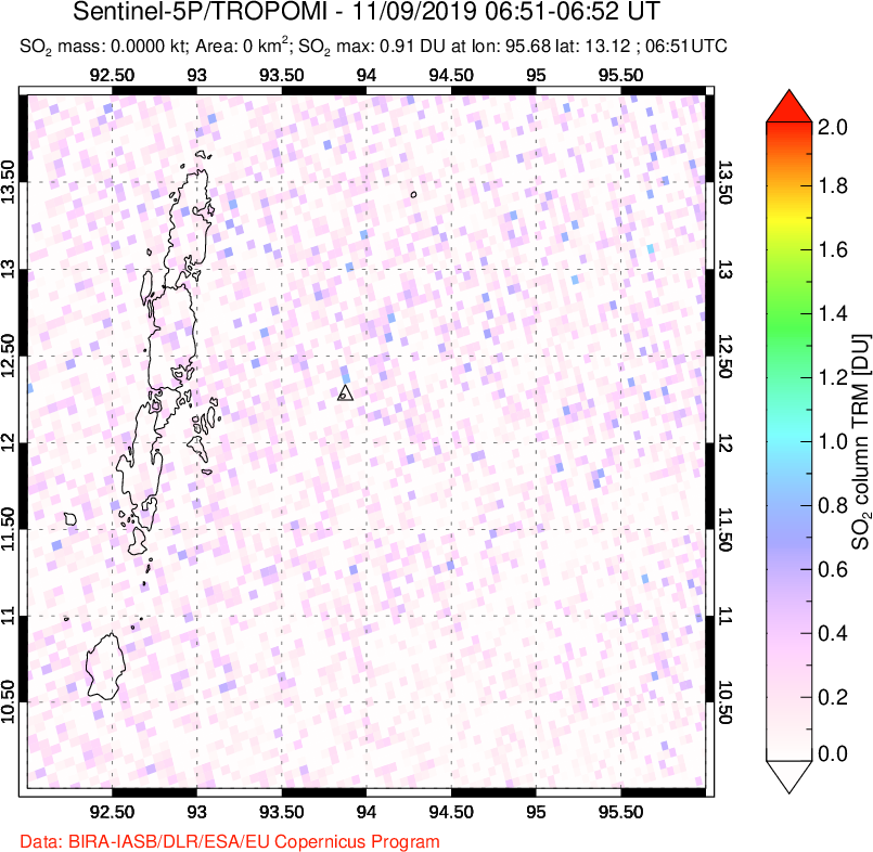 A sulfur dioxide image over Andaman Islands, Indian Ocean on Nov 09, 2019.