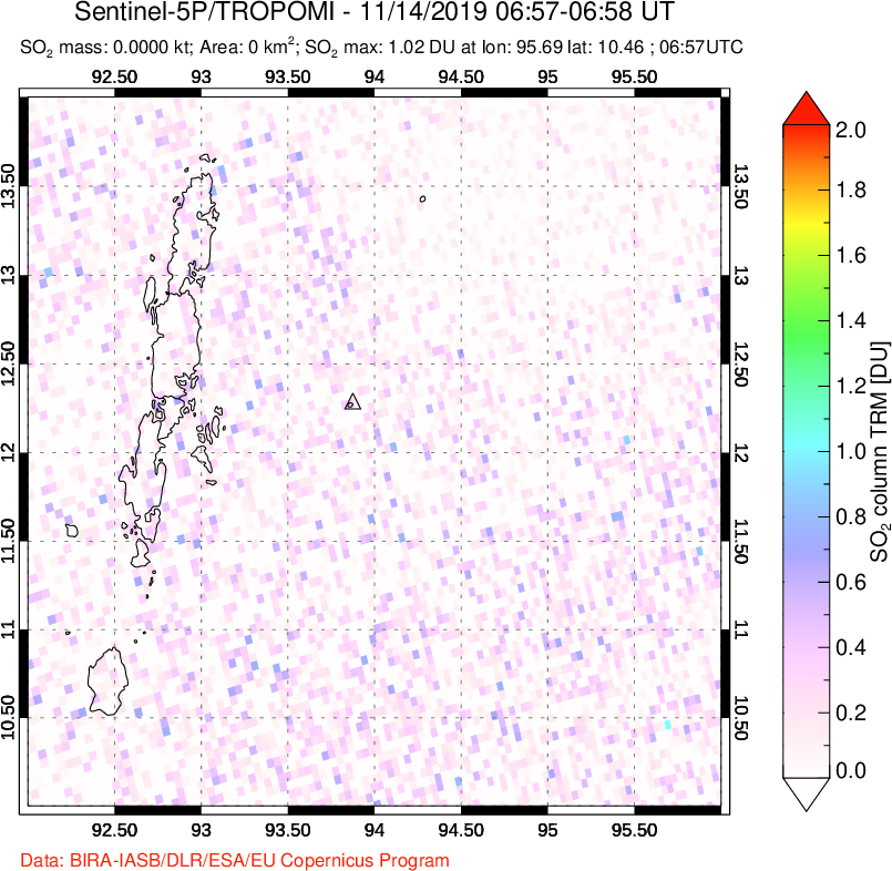 A sulfur dioxide image over Andaman Islands, Indian Ocean on Nov 14, 2019.