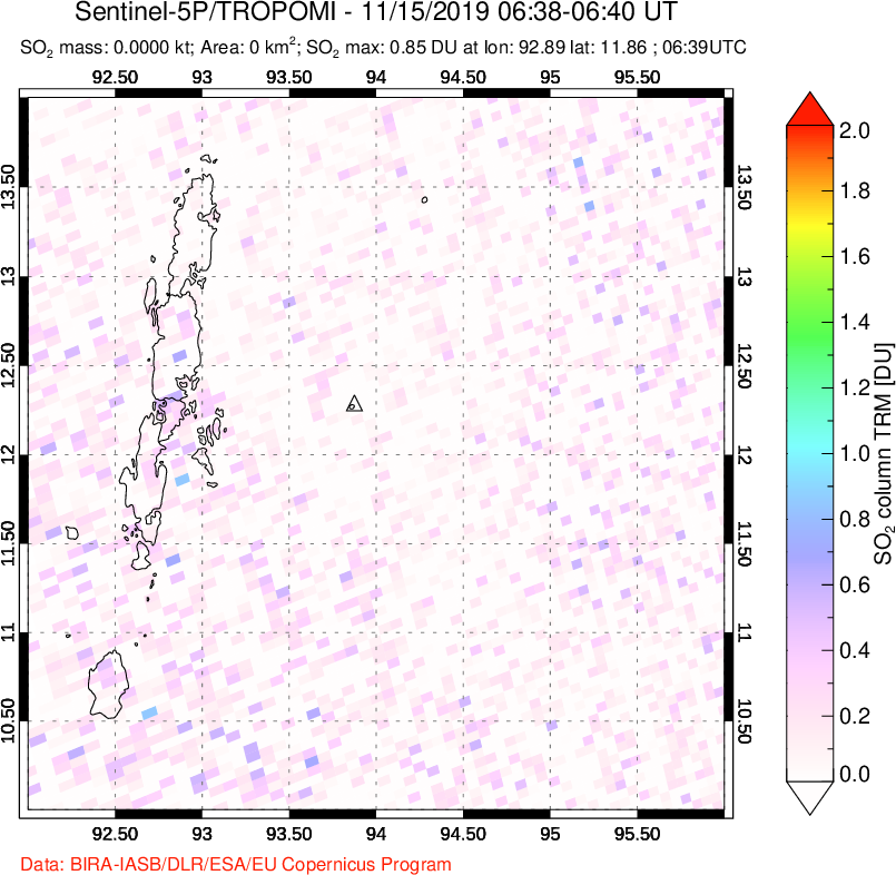A sulfur dioxide image over Andaman Islands, Indian Ocean on Nov 15, 2019.