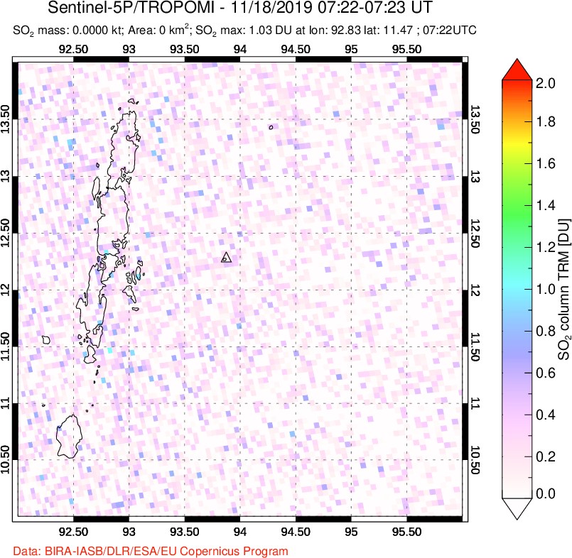 A sulfur dioxide image over Andaman Islands, Indian Ocean on Nov 18, 2019.