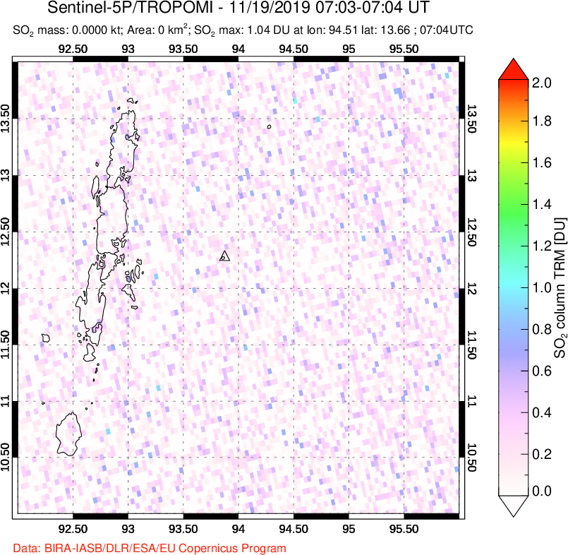 A sulfur dioxide image over Andaman Islands, Indian Ocean on Nov 19, 2019.