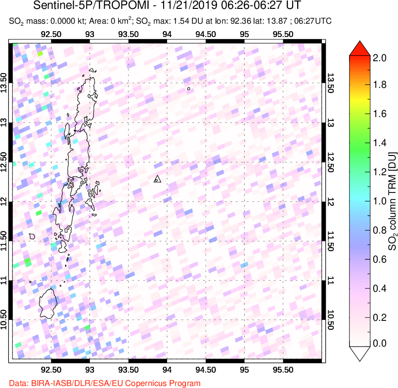 A sulfur dioxide image over Andaman Islands, Indian Ocean on Nov 21, 2019.