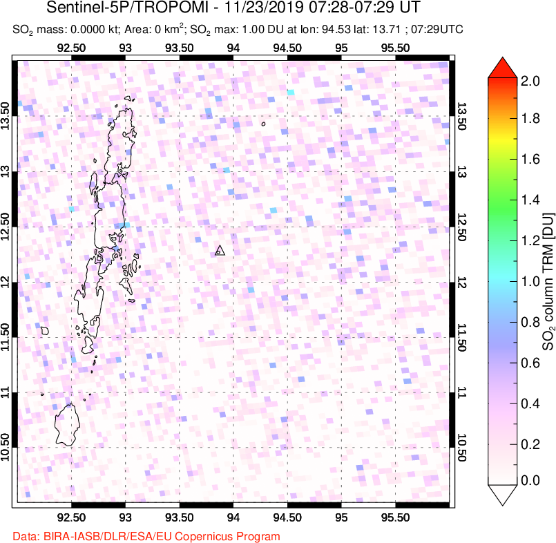 A sulfur dioxide image over Andaman Islands, Indian Ocean on Nov 23, 2019.