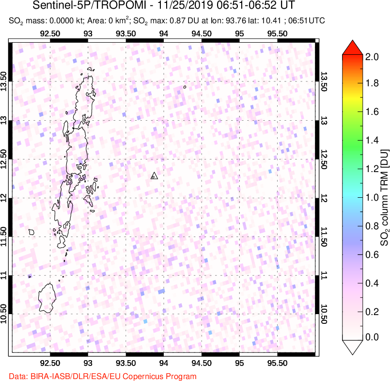 A sulfur dioxide image over Andaman Islands, Indian Ocean on Nov 25, 2019.