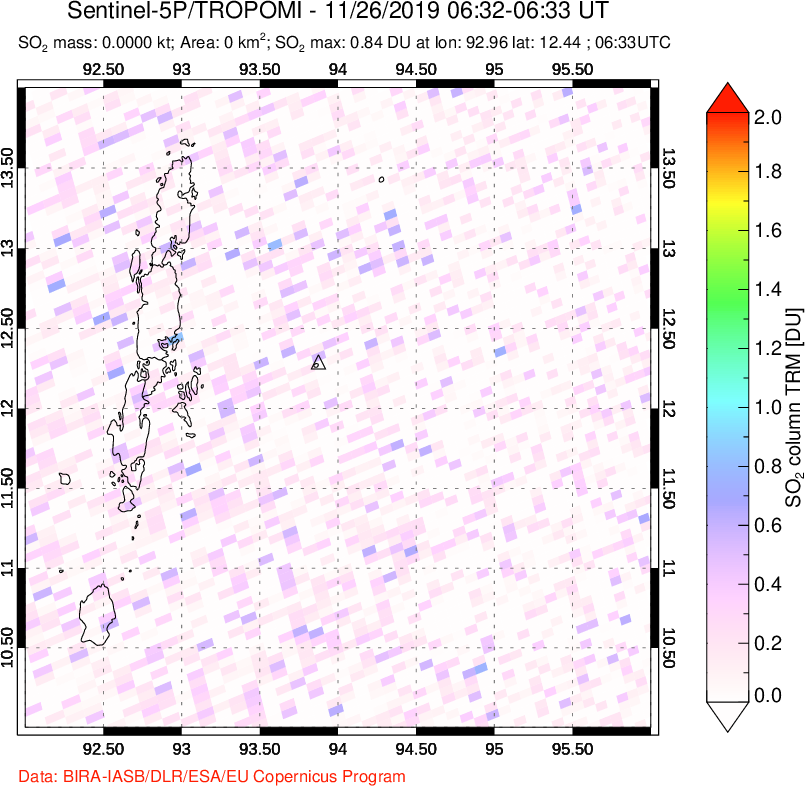 A sulfur dioxide image over Andaman Islands, Indian Ocean on Nov 26, 2019.