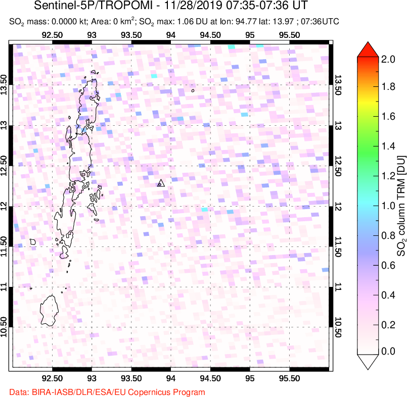 A sulfur dioxide image over Andaman Islands, Indian Ocean on Nov 28, 2019.