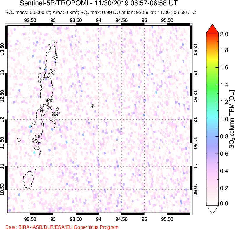 A sulfur dioxide image over Andaman Islands, Indian Ocean on Nov 30, 2019.