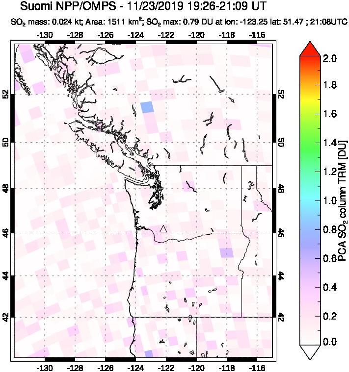 A sulfur dioxide image over Cascade Range, USA on Nov 23, 2019.