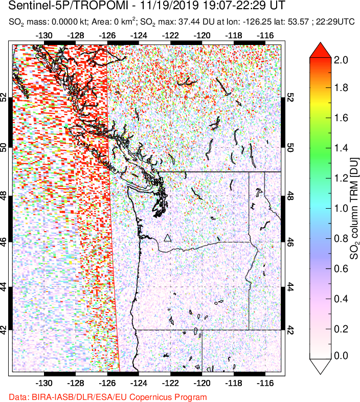 A sulfur dioxide image over Cascade Range, USA on Nov 19, 2019.