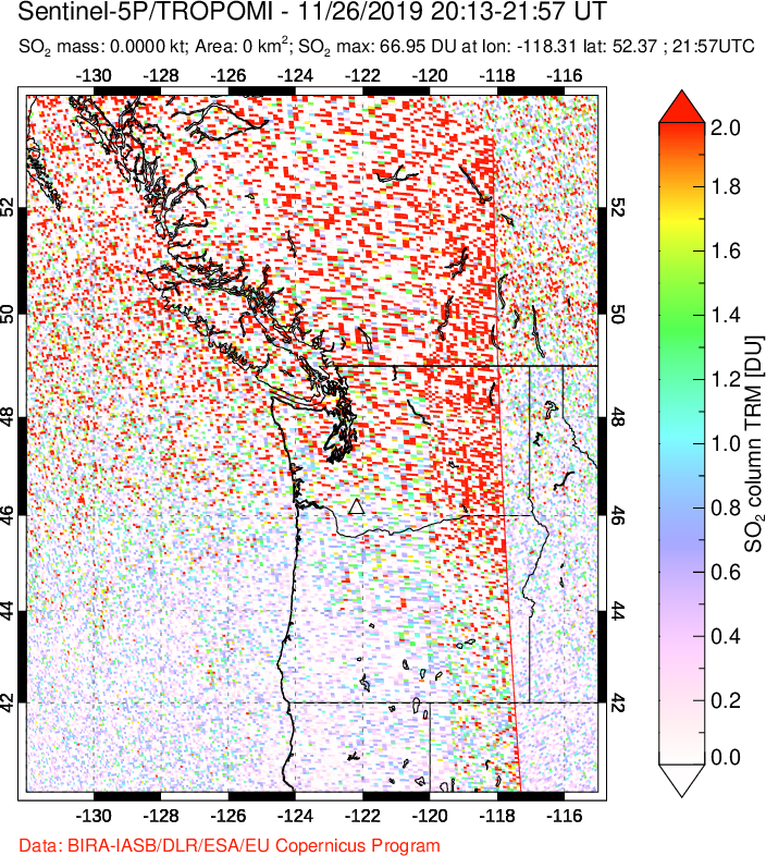 A sulfur dioxide image over Cascade Range, USA on Nov 26, 2019.