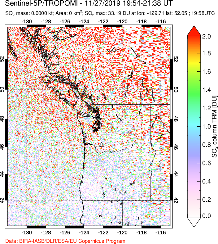 A sulfur dioxide image over Cascade Range, USA on Nov 27, 2019.