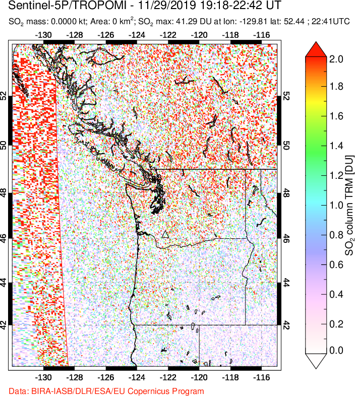 A sulfur dioxide image over Cascade Range, USA on Nov 29, 2019.