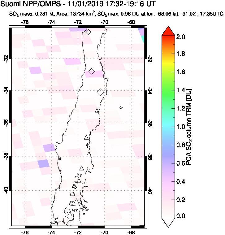 A sulfur dioxide image over Central Chile on Nov 01, 2019.