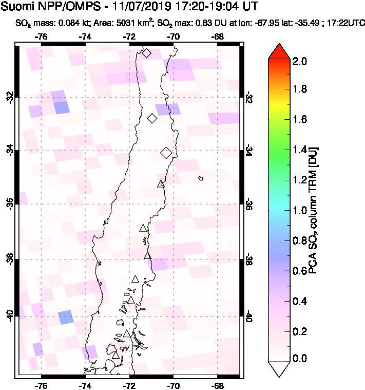 A sulfur dioxide image over Central Chile on Nov 07, 2019.