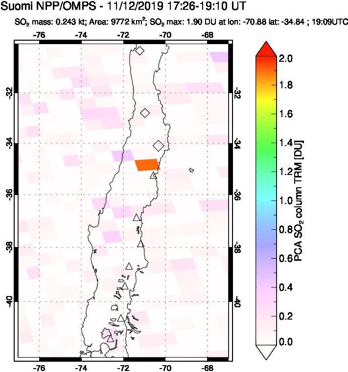 A sulfur dioxide image over Central Chile on Nov 12, 2019.