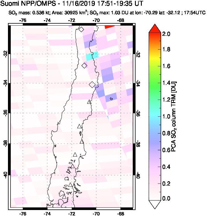A sulfur dioxide image over Central Chile on Nov 16, 2019.
