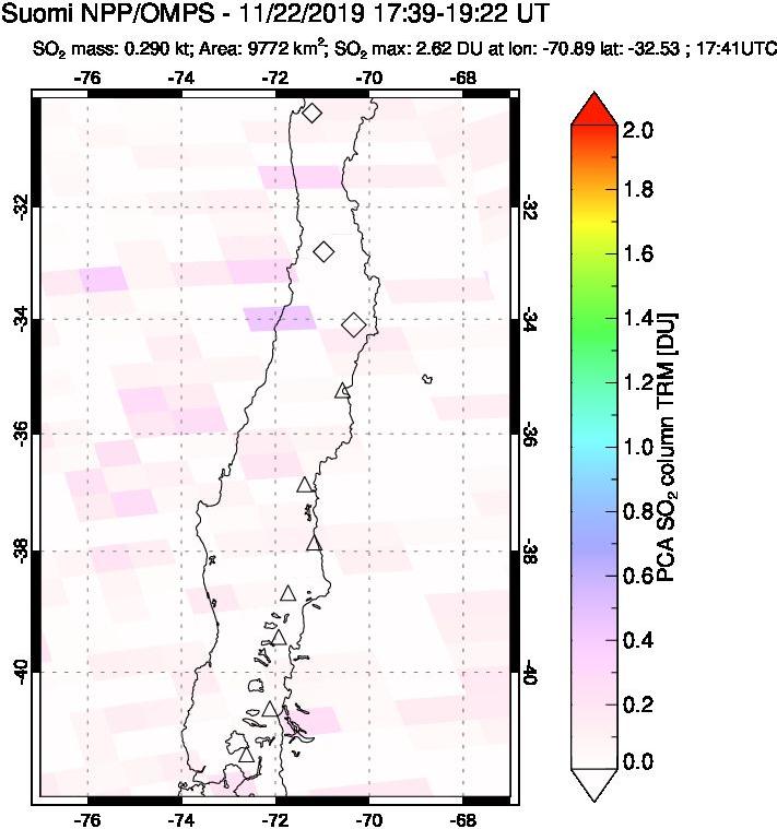 A sulfur dioxide image over Central Chile on Nov 22, 2019.