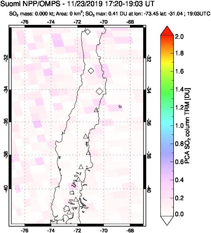 A sulfur dioxide image over Central Chile on Nov 23, 2019.