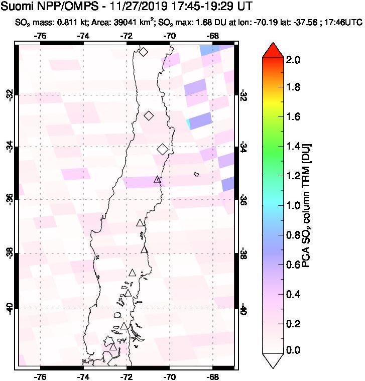 A sulfur dioxide image over Central Chile on Nov 27, 2019.