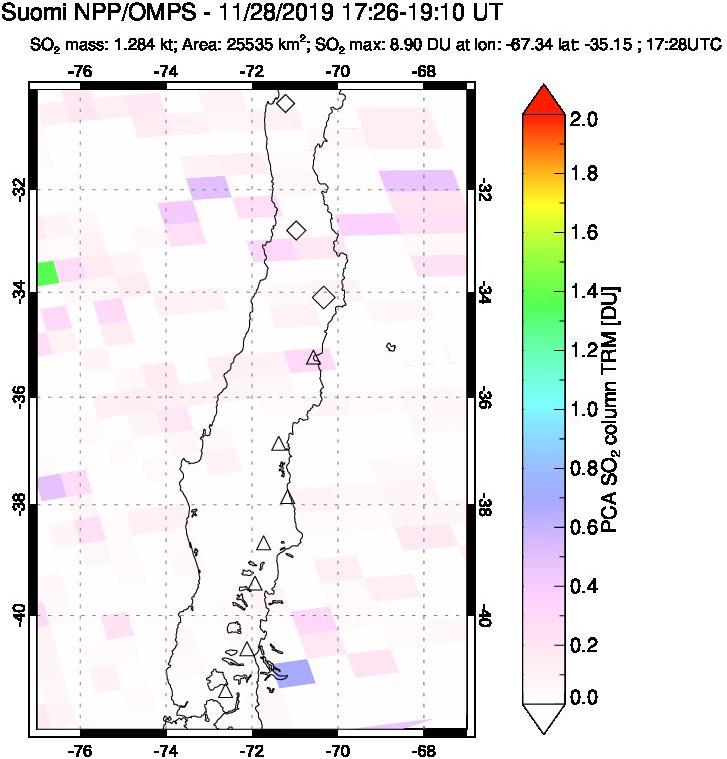 A sulfur dioxide image over Central Chile on Nov 28, 2019.
