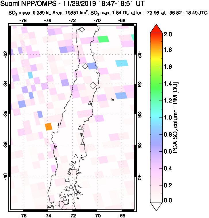 A sulfur dioxide image over Central Chile on Nov 29, 2019.