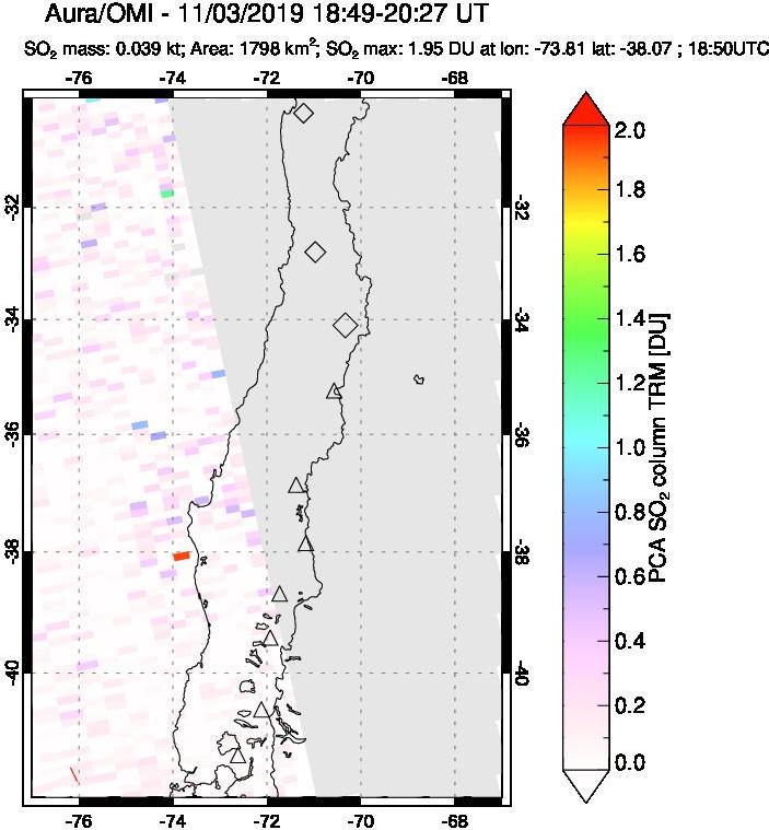 A sulfur dioxide image over Central Chile on Nov 03, 2019.