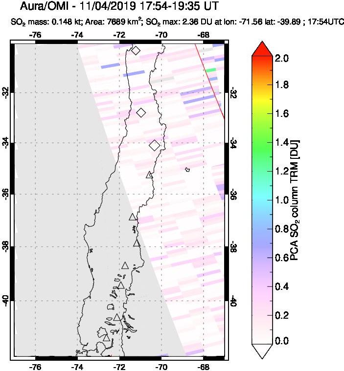 A sulfur dioxide image over Central Chile on Nov 04, 2019.