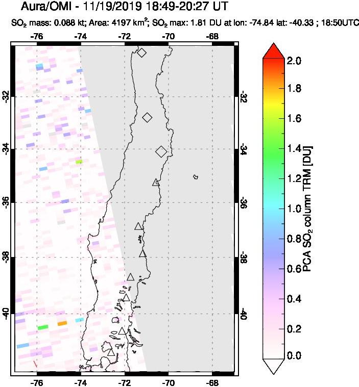 A sulfur dioxide image over Central Chile on Nov 19, 2019.