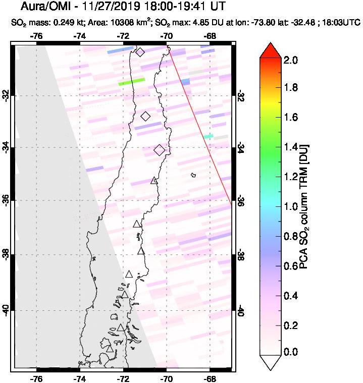 A sulfur dioxide image over Central Chile on Nov 27, 2019.