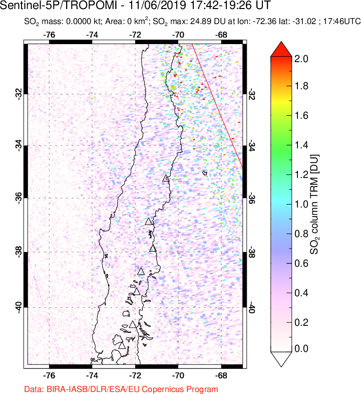 A sulfur dioxide image over Central Chile on Nov 06, 2019.