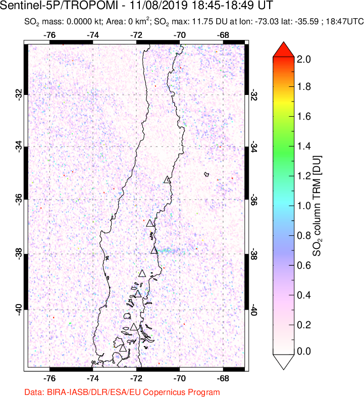 A sulfur dioxide image over Central Chile on Nov 08, 2019.