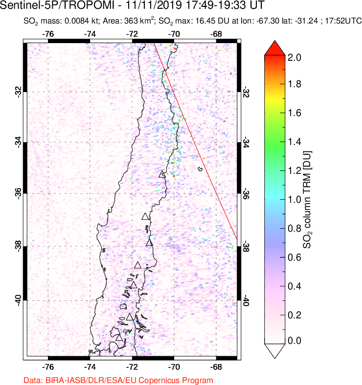 A sulfur dioxide image over Central Chile on Nov 11, 2019.