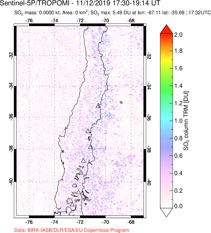 A sulfur dioxide image over Central Chile on Nov 12, 2019.