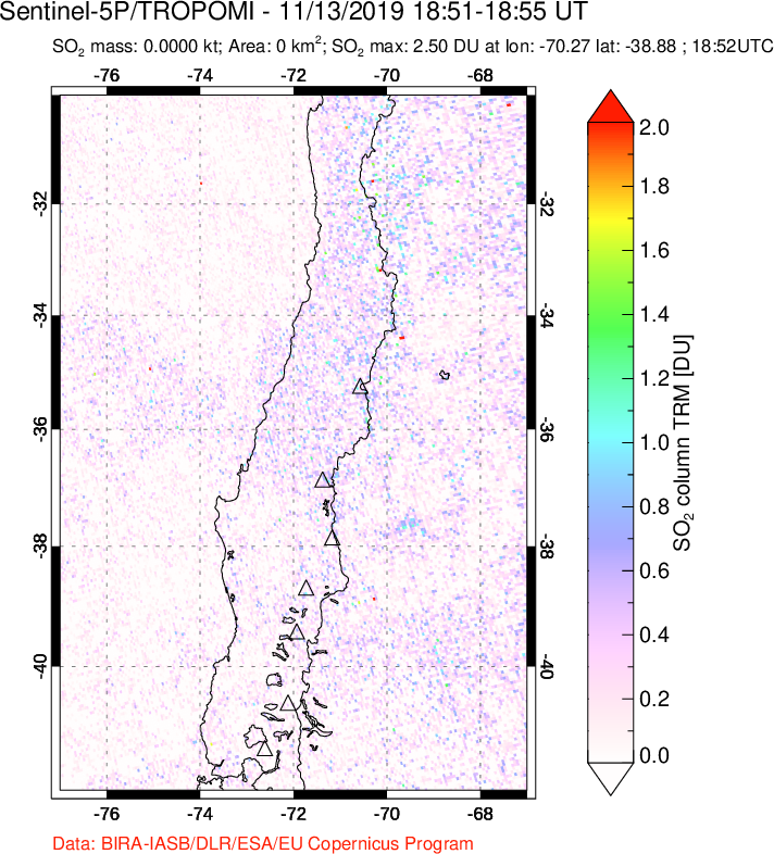 A sulfur dioxide image over Central Chile on Nov 13, 2019.