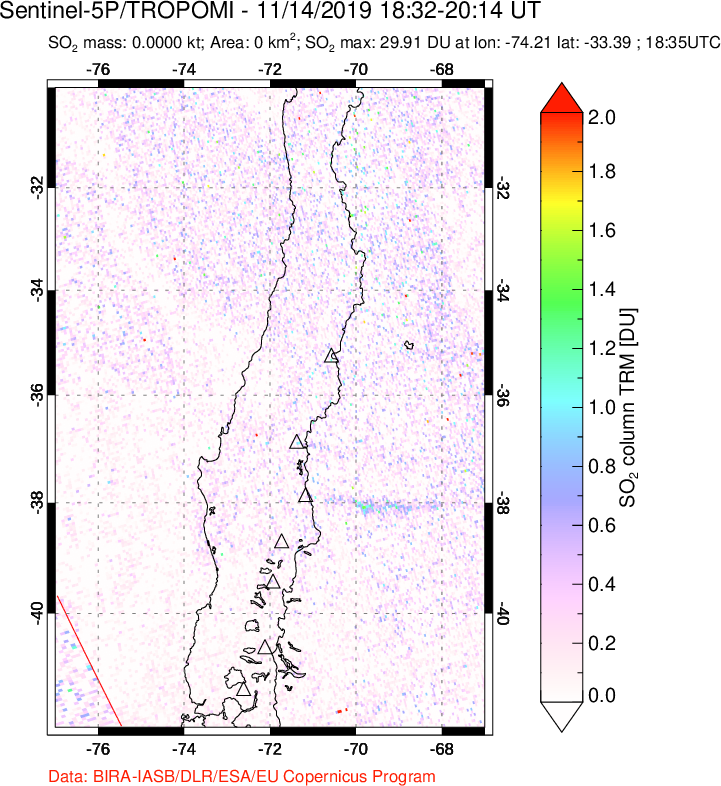 A sulfur dioxide image over Central Chile on Nov 14, 2019.