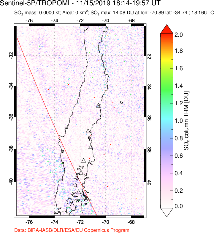 A sulfur dioxide image over Central Chile on Nov 15, 2019.