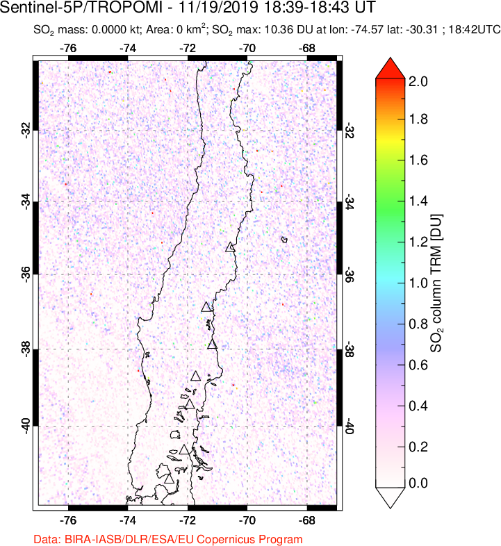 A sulfur dioxide image over Central Chile on Nov 19, 2019.