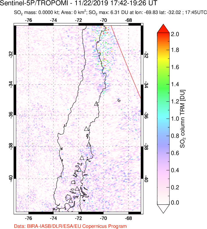 A sulfur dioxide image over Central Chile on Nov 22, 2019.