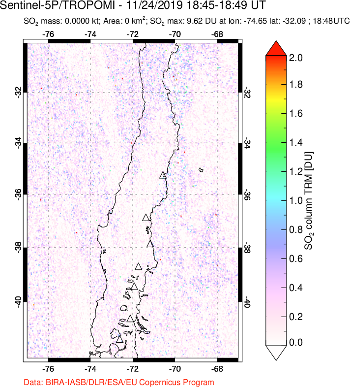 A sulfur dioxide image over Central Chile on Nov 24, 2019.