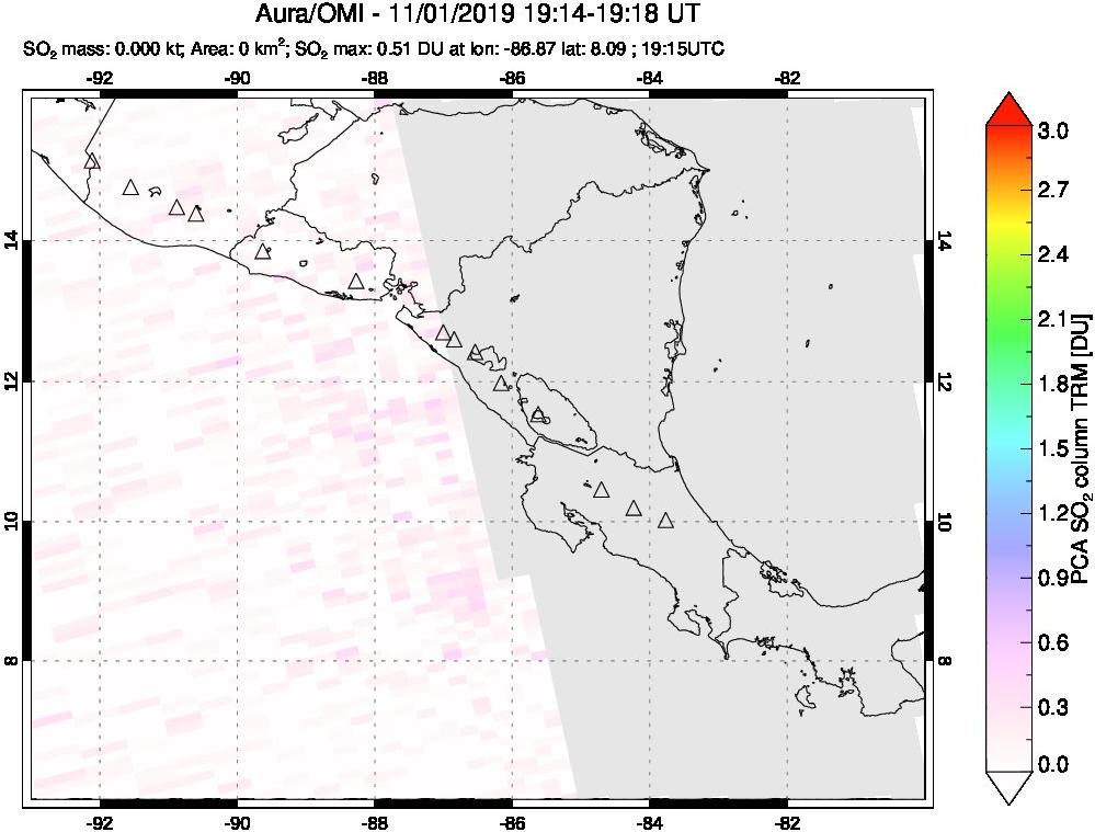 A sulfur dioxide image over Central America on Nov 01, 2019.