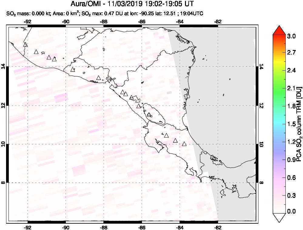 A sulfur dioxide image over Central America on Nov 03, 2019.