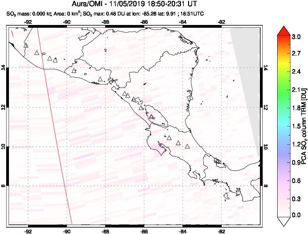 A sulfur dioxide image over Central America on Nov 05, 2019.
