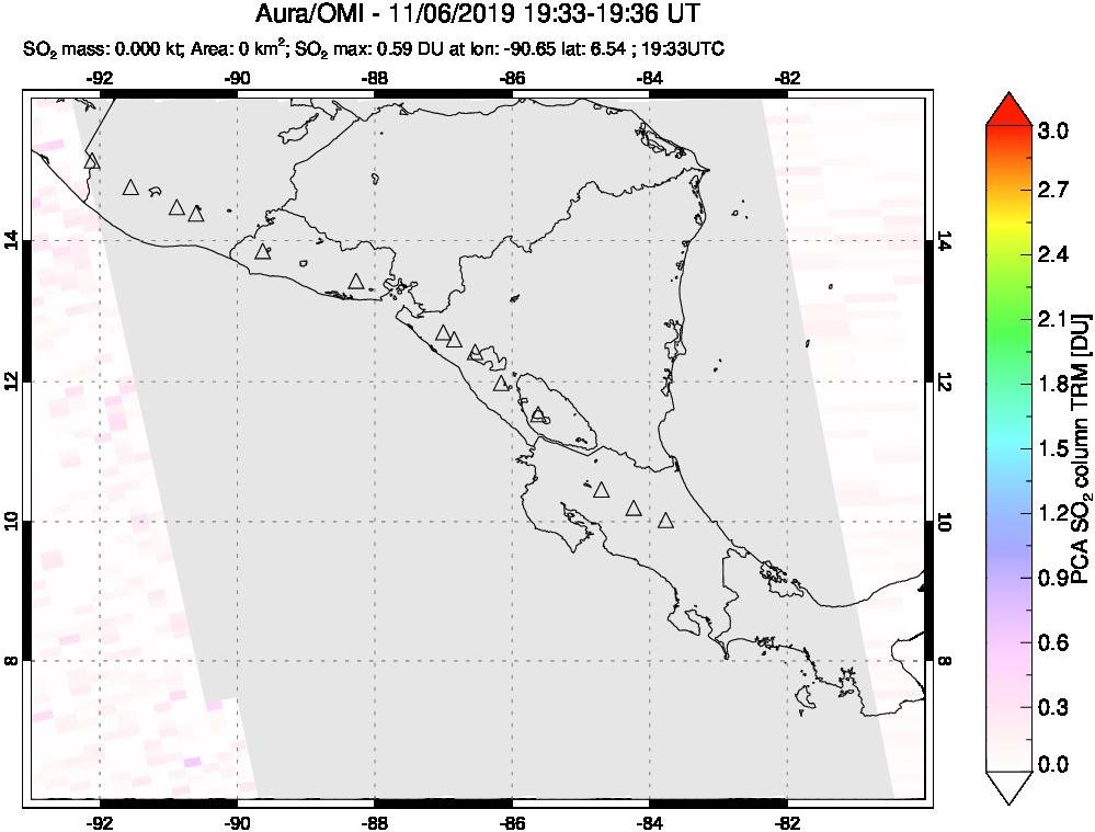A sulfur dioxide image over Central America on Nov 06, 2019.