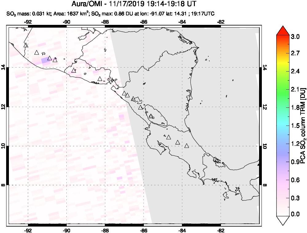 A sulfur dioxide image over Central America on Nov 17, 2019.